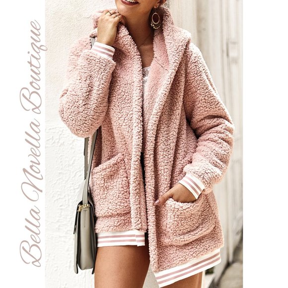 Blush Pink Teddy Fleece Sherpa Varsity Hoodie Jacket with Pockets - Picture 3 of 7